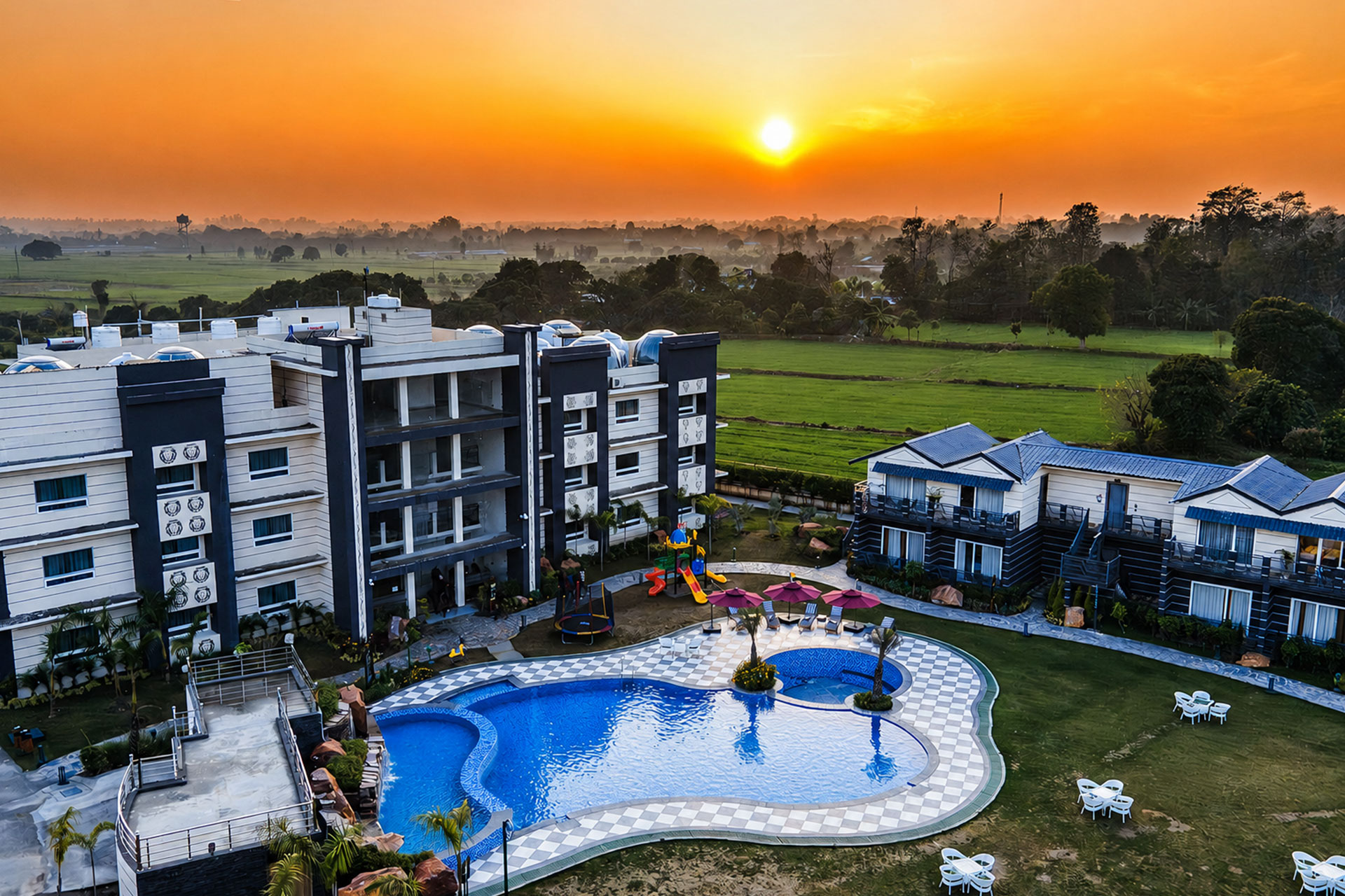 LeafyLush resort grounds surrounded by forest